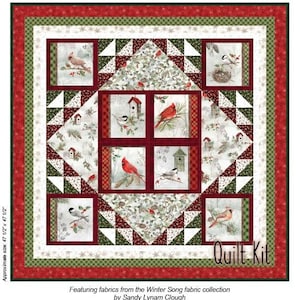 May include: A square quilt kit featuring a winter theme with red cardinals, chickadees, birdhouses, and holly branches. The design includes a red and green border, measuring 47 1/2 inches by 47 1/2 inches, with the text Quilt Kit visible.
