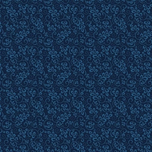 May include: A dark navy blue seamless pattern with a repeating design of stylized leaves and swirling vines in shades of blue. The design has a classic, elegant feel, suitable for various applications.