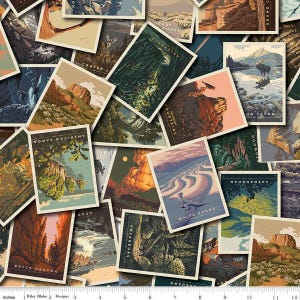USA Nationalpark Postkarten Toss Quilt Baumwollstoff von Anderson Design Group für Riley Blake #C13290-MULTI - Endlos 1/2 Yard