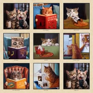 May include: A collage of 12 images featuring cats reading books. Each cat is depicted in a different setting, with some holding books, others reading, and some looking at the reader. The books have titles like "The Gifts To Not Give You" and "Only A Little Hurt".