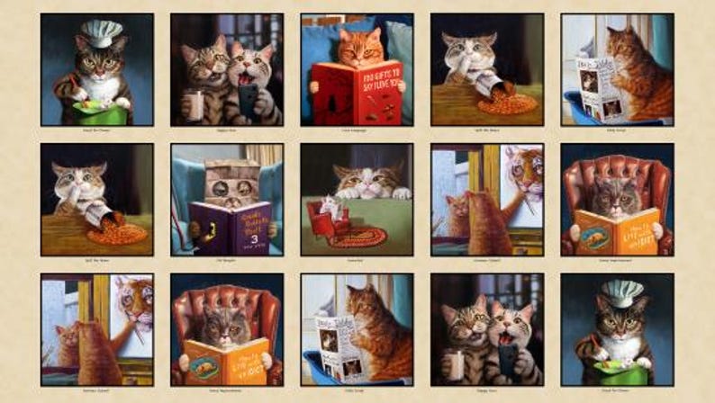 May include: A collage of 12 images featuring cats reading books. Each cat is depicted in a different setting, with some holding books, others reading, and some looking at the reader. The books have titles like "The Gifts To Not Give You" and "Only A Little Hurt".