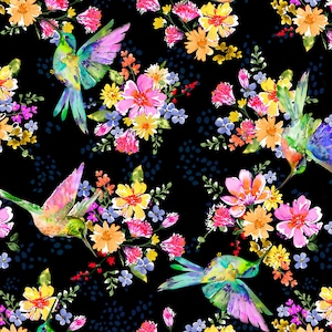 Tela de algodón con diseño de colibríes Pretty Pollinators de 107/108" de espalda ancha de Whistler Studios para Windham Fabrics n.° 54323W-2 - 1 yarda continua