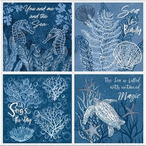 May include: A blue and white patterned fabric with four squares. Each square features a different sea-themed design, including seahorses, seaweed, coral, starfish, and a turtle. The text "You and me and the Sea", "Sea Life is Beauty", "Seas the day", and "The Sea is filled with untamed Magic" is included in each square.