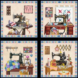 Vintage Sewing Machine Quilt Cotton Fabric Panel - A Stitch in Time Collection - Elizabeths Studio - 24" Panel of six 11" Blocks