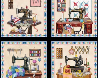 24"x44" A Stitch in Time Cotton Fabric Panel - 6 Vintage Sewing Machine Blocks - Elisabeth's Studio #3326E-BLK - by the Continuous Panel
