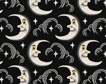 May include: A repeating pattern featuring smiling crescent moons with yellow eyes and noses, white clouds, and stars on a black background. The vintage-style design has a textured, grainy appearance.