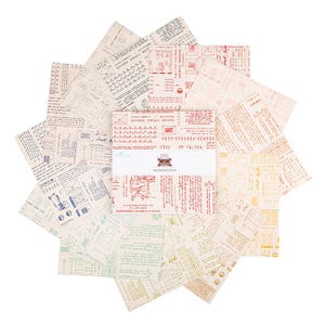 Puede incluir: Una colección de hojas de papel estampadas dispuestas en un diseño de estrella. El papel presenta diseños de estilo vintage con texto, sobres y diagramas en varios colores, incluyendo rojo, azul y verde, sobre un fondo crema. El texto "BACKGROUNDS" es visible.