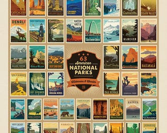 May include: A poster featuring 63 American National Parks, each represented by a vintage-style illustration. The poster includes parks like Acadia, Arches, Denali, and Yosemite, with a central emblem reading "63 American National Parks: Wilderness & Wonder."
