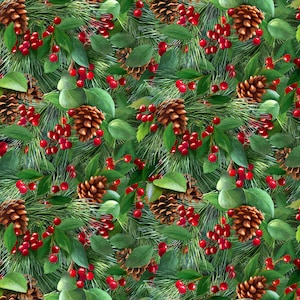 May include: A seamless pattern featuring pine branches, pine cones, and red berries. The pattern is perfect for holiday crafts, wrapping paper, and fabric.