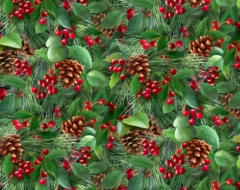 Puede incluir: Un patrón sin costuras con ramas de pino, piñas y bayas rojas. El patrón es perfecto para manualidades navideñas, papel de regalo y tela.