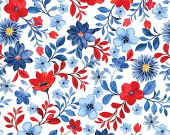 Witte katoenen stof patriottische bloemen - Benartex #14831B-09 - doorlopend 1/2 werf