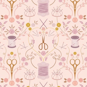 May include: A pink and brown floral pattern with sewing themed imagery. The pattern includes spools of thread, buttons, needles, scissors, and pincushions.