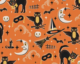 May include: A repeating pattern featuring Halloween-themed illustrations on an orange background. The design includes black cats, owls, bats, crescent moons, witch hats, brooms, skulls, and stars. The overall style is vintage and whimsical.
