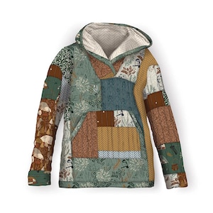 May include: A patchwork hoodie in shades of green, brown, and tan. The hoodie features a large front pocket and a hood lined with a cream-colored fabric. The sleeves and body are made of various patterned fabrics, including floral and geometric designs.