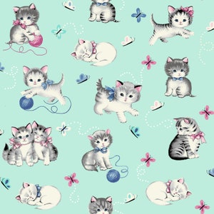 Vintage Gray Kittens on Mint Quilt Cotton Fabric from Little Darlings for Freckles & Lollie Fabrics - FLLD-D184-G - Continuous 1/2 Yard