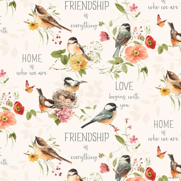 Large All Over Birds with Script on Cream from Blessed by Nature by Lisa Audit for Wilmington Fabrics - #17811-227 - Continuous 1/2 Yard