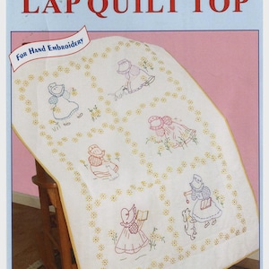 Sunbonnet Sue Stamped for Hand Embroidery Panel by Jack Dempsey Needle Art #940-6 - 40” x 60&quot; Pre-printed Crib/Lap Sized Quilt Top