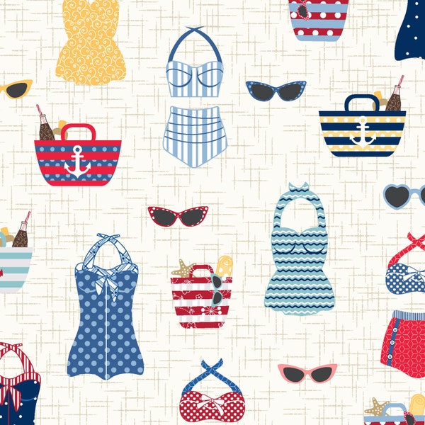 Retro Swimsuits on Ecru Background - Vintage Boardwalk by Kimberbell Designs for Maywood Studios - MAS9711-E - Continuous 1/2 Yard