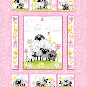 May include: A pink background with white polka dots features a repeating pattern of black and white sheep with pink and yellow flowers. The sheep are in different poses, some with their lambs. There are also bees flying around the flowers.