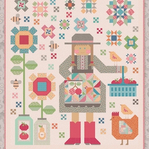 May include: A colorful quilt featuring a patchwork design with a farm girl illustration. The quilt showcases various floral and geometric patterns, a girl in a hat, and a chicken. The text "The Quilted Farm Girl" is at the top.