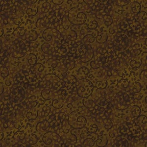 Puede incluir: Una tela marrón y dorada con un patrón repetido de líneas onduladas y formas de hojas. El diseño tiene un aspecto moteado, creando una apariencia texturizada. Este textil es adecuado para diversos proyectos de artesanía y costura.