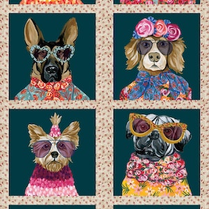 May include: A fabric panel featuring eight illustrated dogs, each wearing stylish accessories like sunglasses, floral collars, and hats. The dogs are set against a dark teal background with a floral border.
