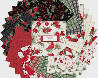 May include: A collection of fabric squares with various patterns, including red cardinals, poinsettias, and plaid designs. The color palette features red, green, black, and cream. The center square has the text "Cardinal Charm" on a label.