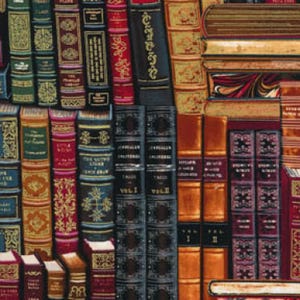 Tecido de algodão com estampa de livros empilhados de biblioteca - Tesouros Atemporais #CM8214-MLT - 1/2 jarda contínua