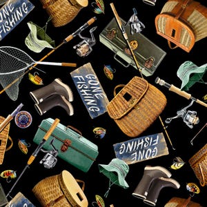 Fishing Gear Cotton Fabric - Timeless Treasures #CD6403-BLACK - Continuous 1/2 Yard