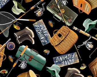 Fishing Gear Cotton Fabric - Timeless Treasures #CD6403-BLACK - Continuous 1/2 Yard