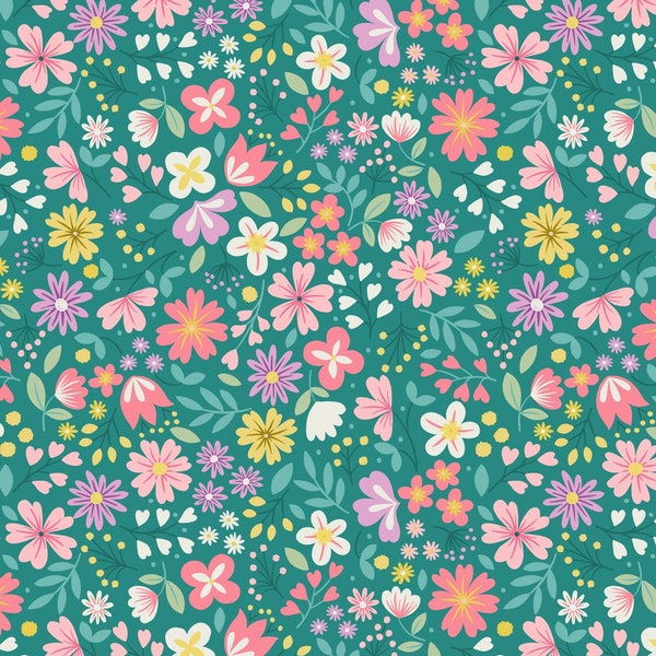 Spring Floral on Green (Teal) Quilting Cotton Fabric from Spring Treats by Lewis & Irene Fabrics - #A592.2 - Continuous 1/2 Yard