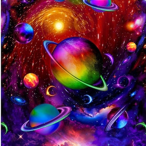 Painel de tecido de algodão com estampa de planetas e galáxias do espaço sideral, 61 x 112 cm (24" x 44") - Timeless Treasures #CD3770-MULTI - Vendido por painel.