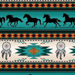 Horse and Dreamcatcher Turquoise Stripe Quilt Cotton Fabric from Tucson Collection for Elizabeth&#39;s Studio - 497E-TURQ - Continuous 1/2 Yard