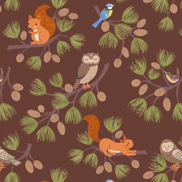 Pine Cone Branches - Squirrels and Owls - Dark Brown Quilting Cotton Fabric from Evergreen for Lewis & Irene - #A691.3 - Continuous 1/2 Yard