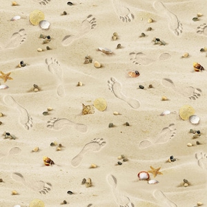 Seashells and Footprints Sand Quilt Cotton Fabric from Landscape Medley Collection by Elizabeth&#39;s Studio - 290SAND - Continuous 1/2 Yard