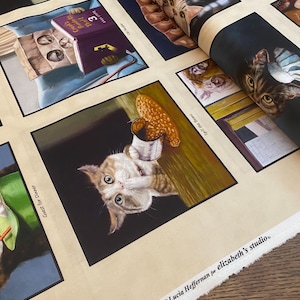 May include: A beige fabric with a repeating pattern of cats in various poses. Each cat is framed in a black border and has a caption below. The captions include "Guest for Dinner", "Spill the Beans", "Cat Burglar", "Crooks", "Guide to Theft", and "Fast Steps". The fabric is labeled "41004 Flax Lucia Heffernan for elizabeth's studio."
