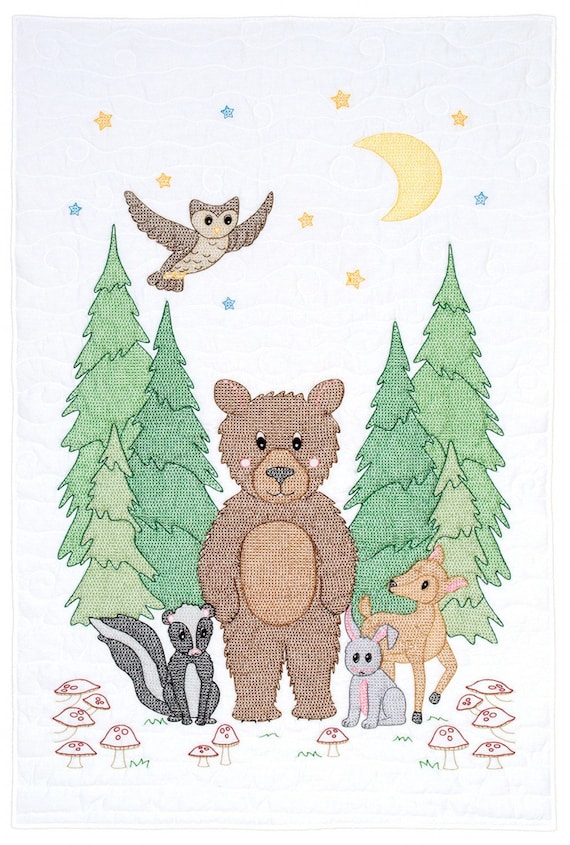 Woodland Bear Stamped for Cross Stitch Embroidery Crib Quilt Top