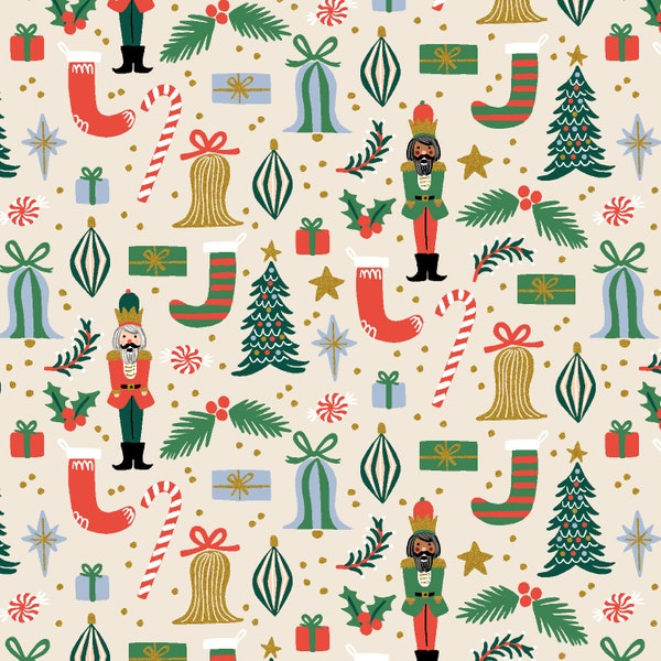 Deck the Halls Cream Metallic Quilt Cotton Fabric from Holiday Classics II by Rifle Paper Co - RP614-CR2M - Continuous 1/2 Yard