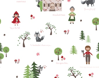 Może przedstawiać: Biała tkanina z powtarzającym się wzorem Czerwonego Kapturka, wilka, domu, drwala i drzew. Tkanina zawiera tekst "Fairytale", "Grandma's House", "To Grandmother's house we go...", "Once upon a time", "Stay on the Path", i "The way through the woods".