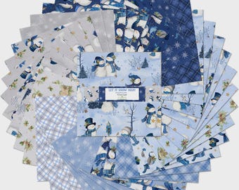 May include: A collection of fabric squares in various shades of blue, gray, and white, featuring winter-themed patterns. The designs include snowmen, snowflakes, and plaid. The text "LET IT SNOW-MAN!" is visible on a label.