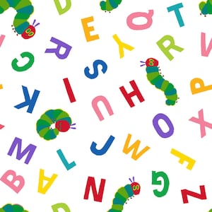 Tela de algodón con letras del alfabeto desordenadas de La oruga muy hambrienta para Springs Creative n.° 77887-A620310 - 1/2 yarda continua