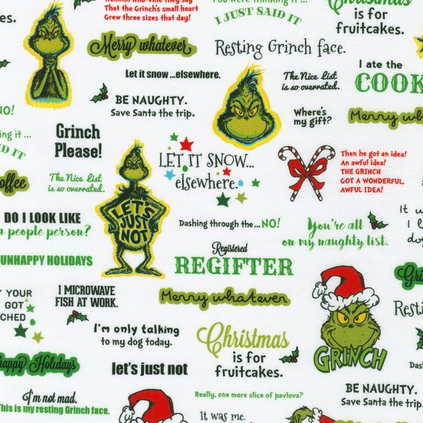 Holiday Letters Quilt Cotton Fabric from How The Grinch Stole Christmas by Dr Seuss Enterprises for Robert Kaufman - Continuous 1/2 Yard