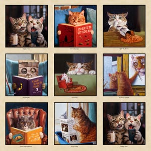 May include: A collage of nine illustrations featuring cats in various humorous situations. The illustrations depict cats reading books, stealing, and enjoying a happy hour. The titles of the illustrations include "Cat Burglar", "Love Language", "Spill the Beans", "Uninterested", "Herman Catwell", "Home Improvement", "Daily Scoop", and "Happy Hour".