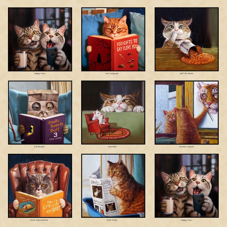 May include: A collage of nine illustrations featuring cats in various humorous situations. The illustrations depict cats reading books, stealing, and enjoying a happy hour. The titles of the illustrations include "Cat Burglar", "Love Language", "Spill the Beans", "Uninterested", "Herman Catwell", "Home Improvement", "Daily Scoop", and "Happy Hour".