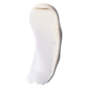 May include: A white, creamy, smooth, and thick lotion or cream swatch on a white background.