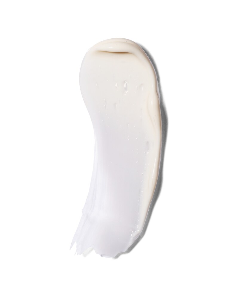 May include: A white, creamy, smooth, and thick lotion or cream swatch on a white background.