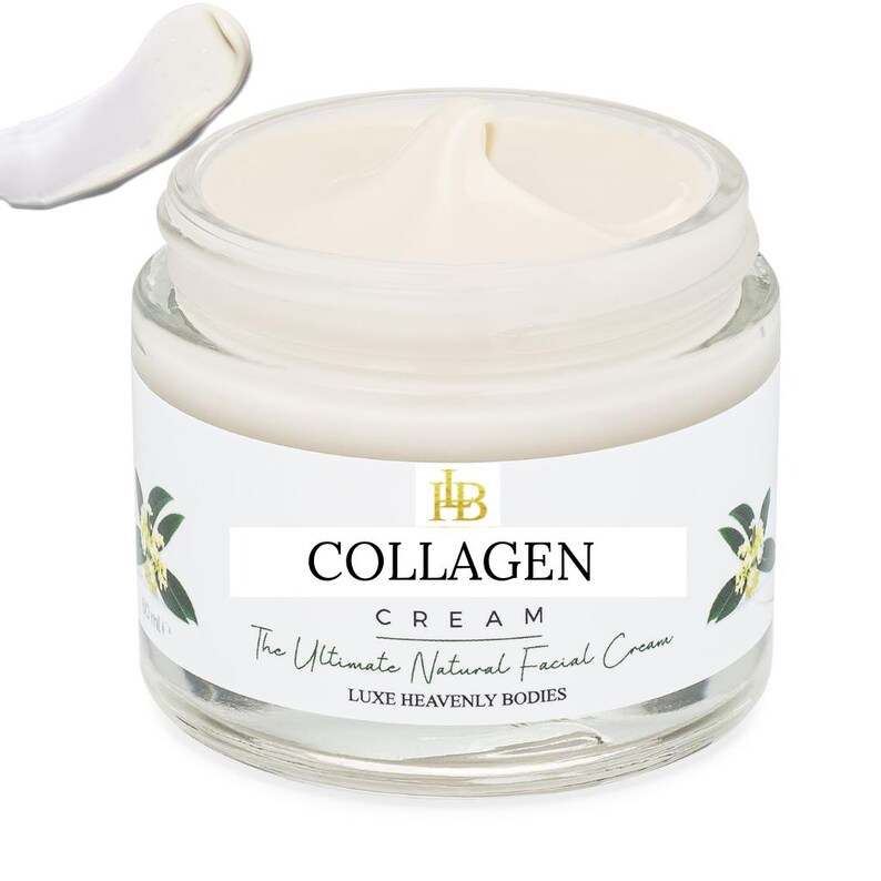 May include: A clear glass jar of Collagen Cream with a white label and floral accents. The label reads "COLLAGEN CREAM The Ultimate Natural Facial Cream LUXE HEAVENLY BODIES". A swatch of cream is visible.