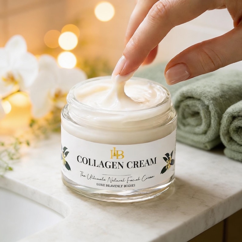 May include: A clear glass jar of Collagen Cream with a white label and black text. The label reads "COLLAGEN CREAM" and "The Ultimate Natural Facial Cream". A finger dips into the cream, which has a thick, white consistency. The jar sits on a white surface.