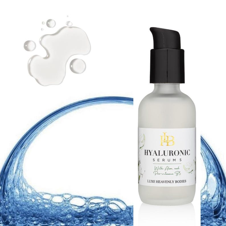 May include: A clear glass bottle with a black pump top dispenser containing Hyaluronic Serum 5 with Aloe and Panthenol B5. The bottle is labeled "LUXE HEAVENLY BODIES".