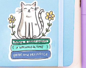 Kitty on a Bookstack - Books and cat - Anne of Green Gables, a Wrinkle in Time, P&P - Planner sticker- 3" waterproof Vinyl Sticker